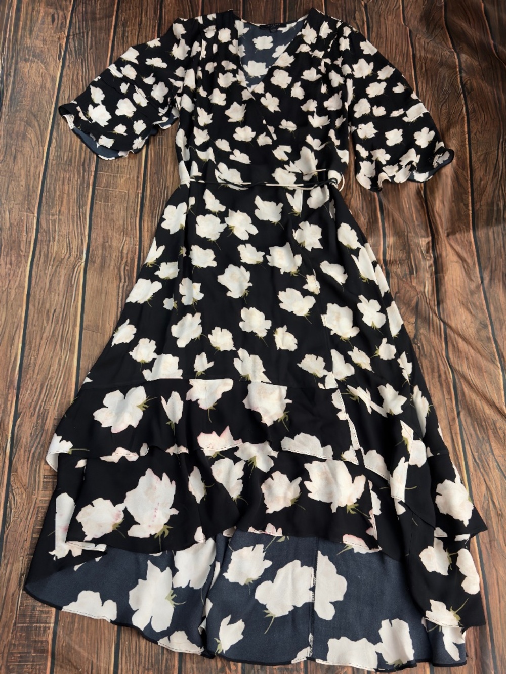 AllSaints Delana Caro Dress Womens L Black Floral Wrap Ruffle Hi-Lo Midi